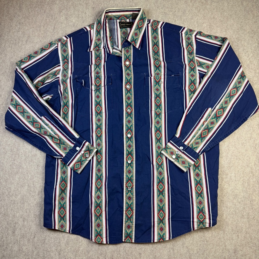 High Noon Western Pearl Snap Shirt Mens Large Blue Southwestern Stripe L/S